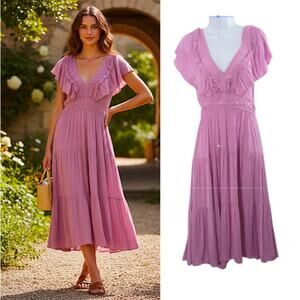 Joie Tiered Midi Dress Women's Sz M Lavender Ruffled Smocked Waist Cottagecore
